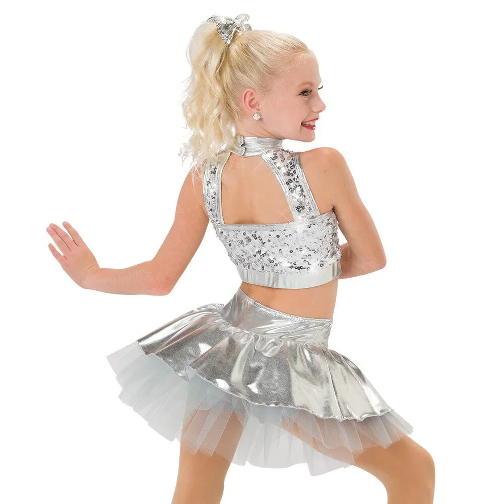 Pre-Owned Dance Costume AWCT V2221 Large Adult Silver Tulle Skirt Jazz Sequin